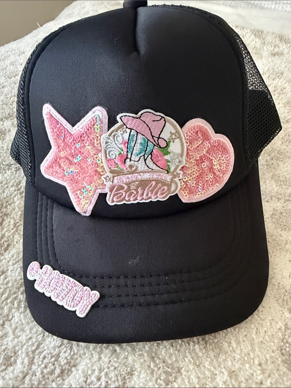 Barbie Black Trucker Hat with Pink Sequin Patches